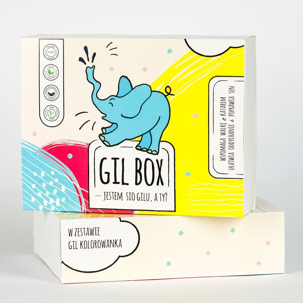 Gil Box zestaw produktów (sól do kąpieli, olejek wspomagający walkę z katarem, olejek do aromaterapii), Sio Gilu
