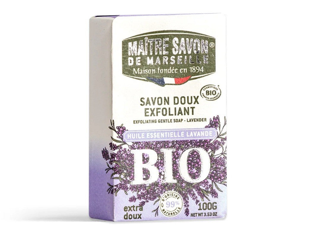 Peelingujące mydło prowansalskie, LAWENDA, COSMOS ORGANIC, 100 g, Maitre Savon de Marseille