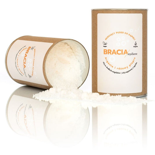 Perfumowany, musujący puder do kąpieli, Argania i różowy pieprz, nawilżająca i odżywcza kąpiel, 300g, Bracia Mydlarze