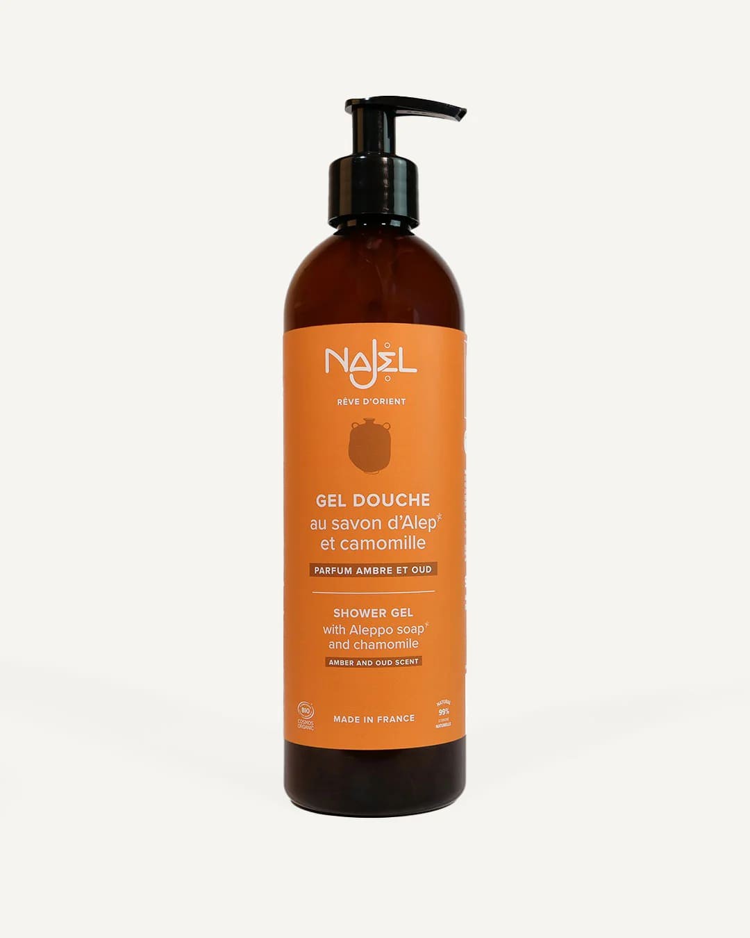 Żel pod prysznic z mydłem Aleppo i rumiankiem, o zapachu bursztynu i oudu, Cosmos Organic, 500 ml, Najel