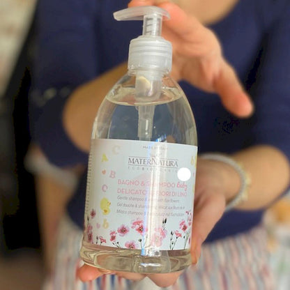 Delikatny płyn do kąpieli i szampon dla niemowląt i dzieci, z kwiatami lnu, AIAB, 500ml, MaterNatura