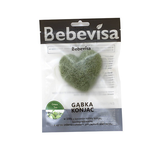 Gąbka Konjac do twarzy, Serce, Zielona Herbata, aż 6,7 - 8,5 cm, Bebevisa