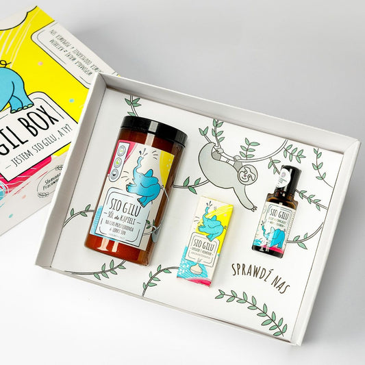 Gil Box zestaw produktów (sól do kąpieli, olejek wspomagający walkę z katarem, olejek do aromaterapii), Sio Gilu
