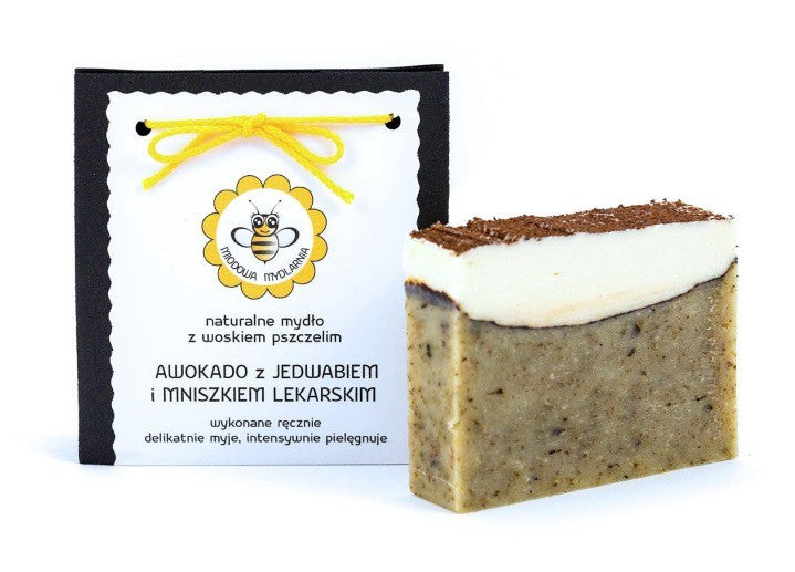 Mydło naturalne AWOKADO Z JEDWABIEM I MNISZKIEM LEKARSKIM, 95g, Miodowa mydlarnia