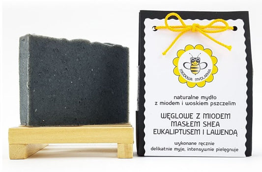 Mydło naturalne węglowe z miodem, masłem shea, eukaliptusem i lawendą, 100 g, Miodowa Mydlarnia