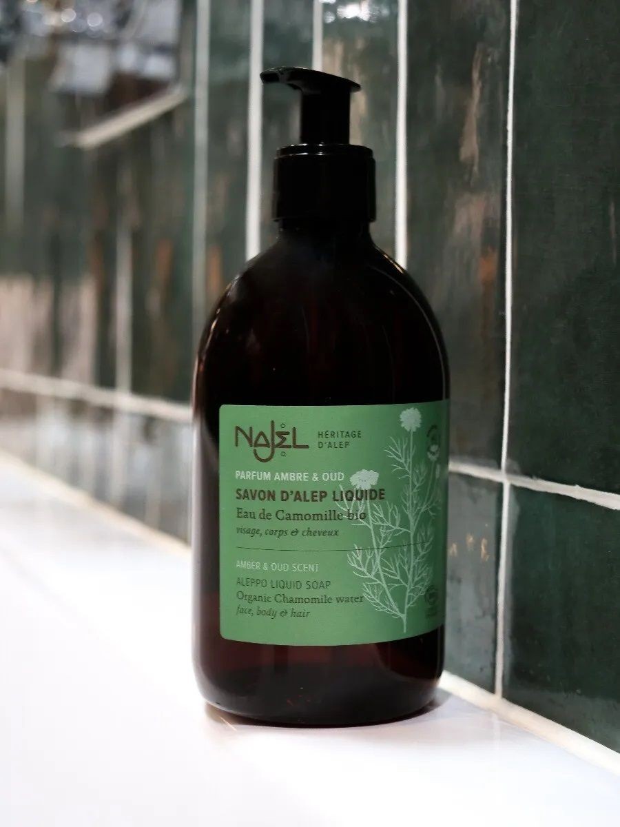 Mydło z Aleppo w płynie, 5% oleju laurowego, z dodatkiem organicznej wody rumiankowej, bursztyn i oud, 500ml, Najel