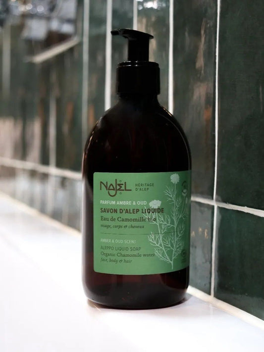 Mydło z Aleppo w płynie, 5% oleju laurowego, z dodatkiem organicznej wody rumiankowej, bursztyn i oud, 500ml, Najel