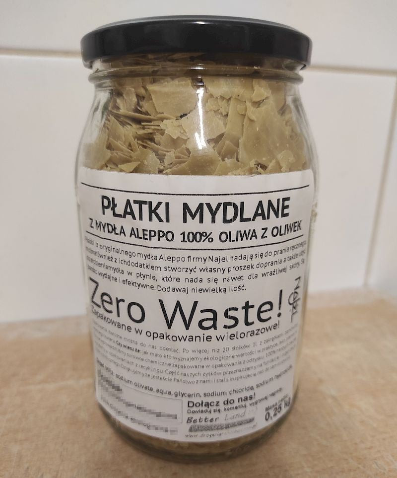 Naturalne płatki mydlane z mydła Aleppo, 100% oliwa z oliwek, OPAKOWANIE Z ODZYSKU, 0,25 kg, Najel