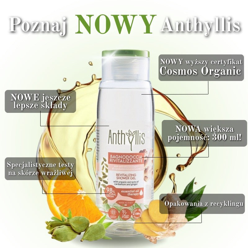 NOWY Bio Rewitalizujący żel pod prysznic z ekstraktami z organicznego kardamonu i imbiru, 300 ml, Anthyllis, Pierpaoli