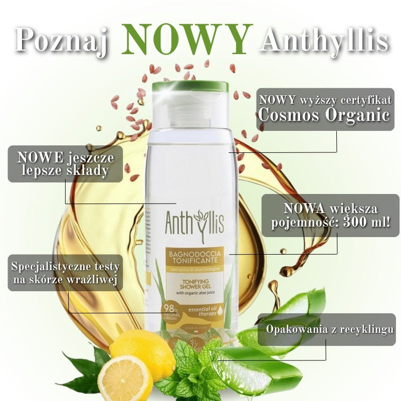 NOWY Tonizujący bio żel pod prysznic, z organicznym sokiem z aloesu, miętą i cytryną, ICEA, 300 ml, Anthyllis, Pierpaoli