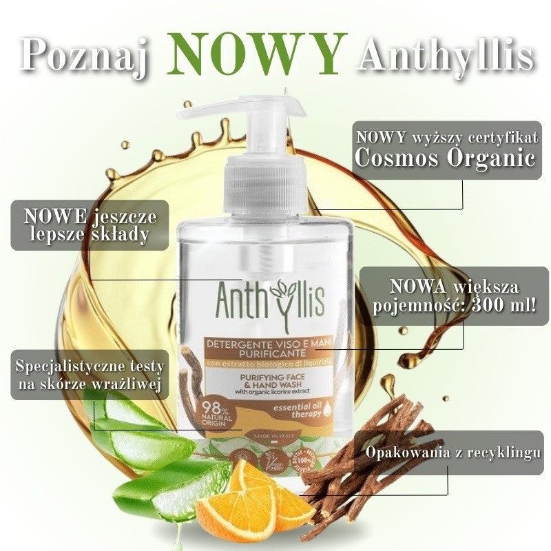 NOWY Bio Żel do mycia twarzy i rąk, z organicznym ekstraktem z lukrecji, Certyfikowany, 300 ml, Anthyllis, Pierpaoli