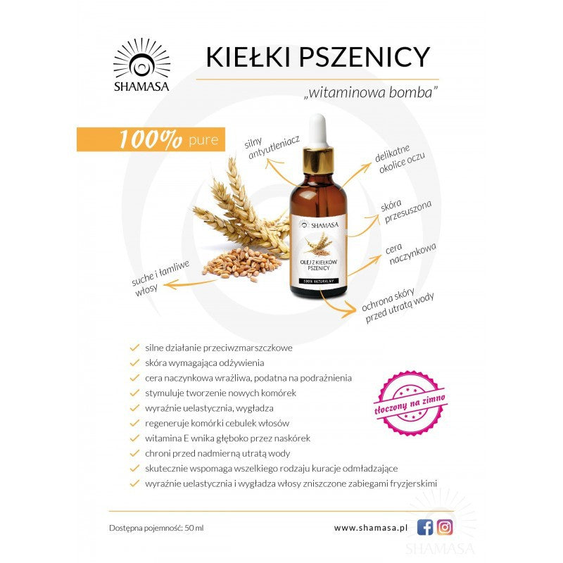 Olej z kiełków pszenicy, naturalny, tłoczony na zimno, nierafinowany, 50ml, Shamasa