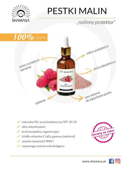 Olej z pestek malin, nierafinowany, tłoczony na zimno, 50 ml, Shamasa