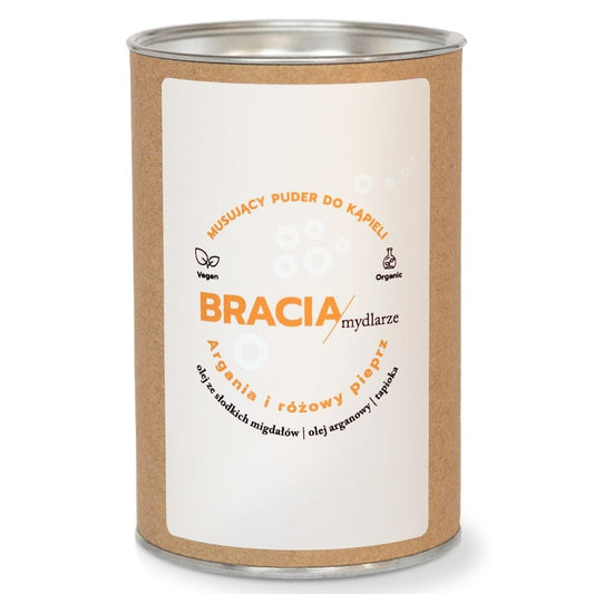 Perfumowany, musujący puder do kąpieli, Argania i różowy pieprz,  nawilżająca i odżywcza kąpiel, 300g, Bracia Mydlarze
