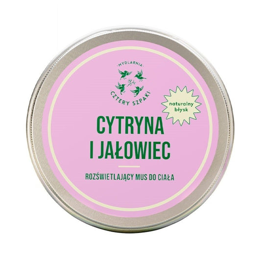 Rozświetlający mus do ciała, Cytryna i Jałowiec, wegański, 150ml, Cztery Szpaki