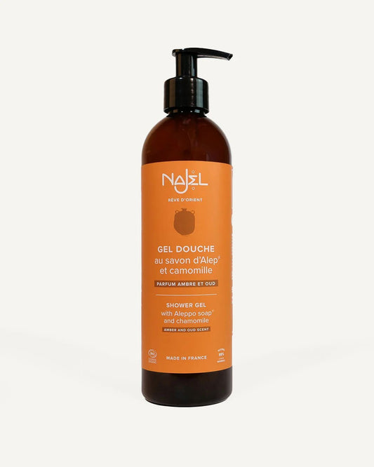Żel pod prysznic z mydłem Aleppo i rumiankiem, o zapachu bursztynu i oudu, Cosmos Organic, 500 ml, Najel