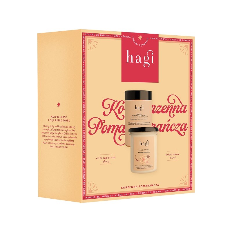 ZESTAW KORZENNA POMARAŃCZA: świeca sojowa 215 ml  +  sól do kąpieli 480 g, Hagi