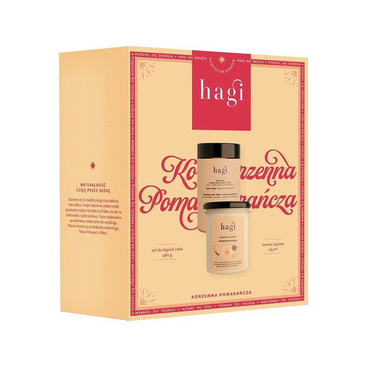 ZESTAW KORZENNA POMARAŃCZA: świeca sojowa 215 ml  +  sól do kąpieli 480 g, Hagi