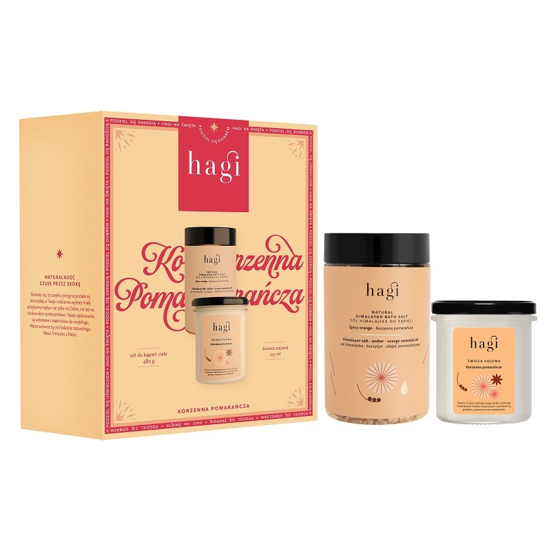 ZESTAW KORZENNA POMARAŃCZA: świeca sojowa 215 ml  +  sól do kąpieli 480 g, Hagi
